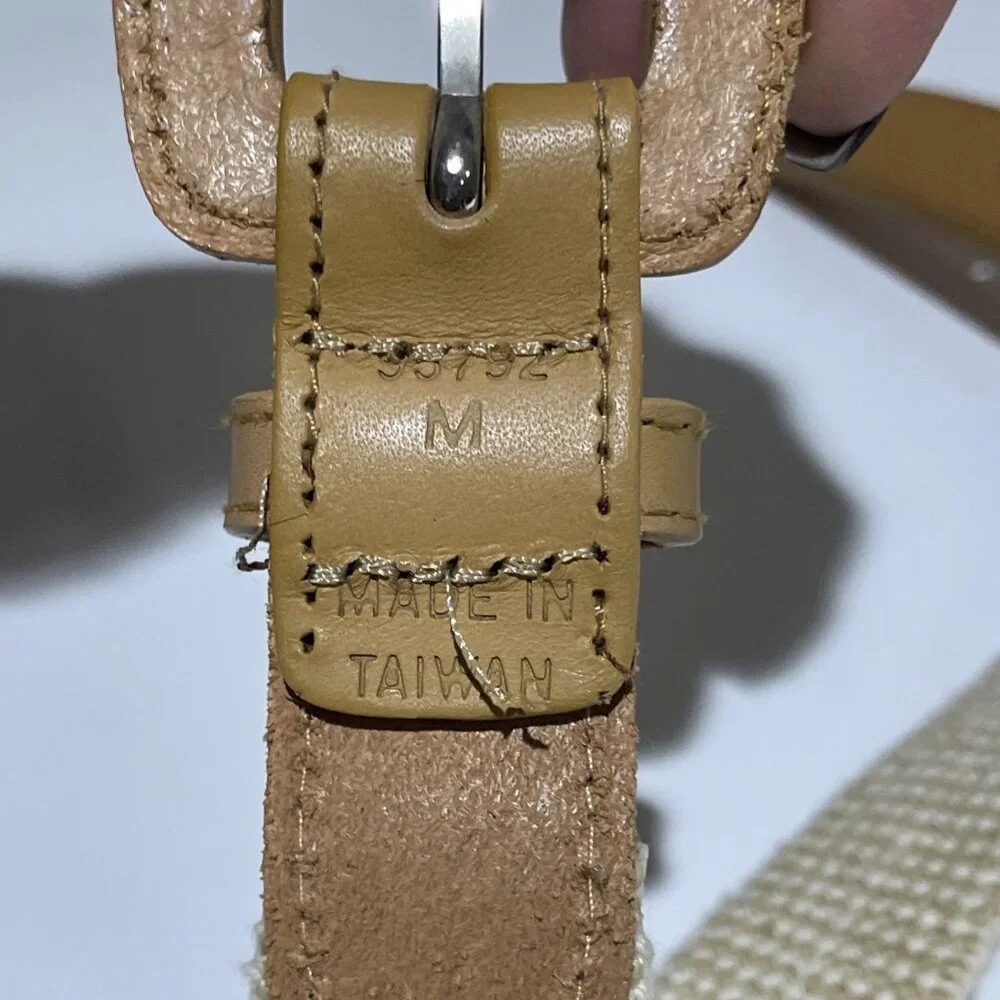 Vintage 90s Woven Stretch Belt Women's Size M Cream Genuine Leather Trim Preppy
